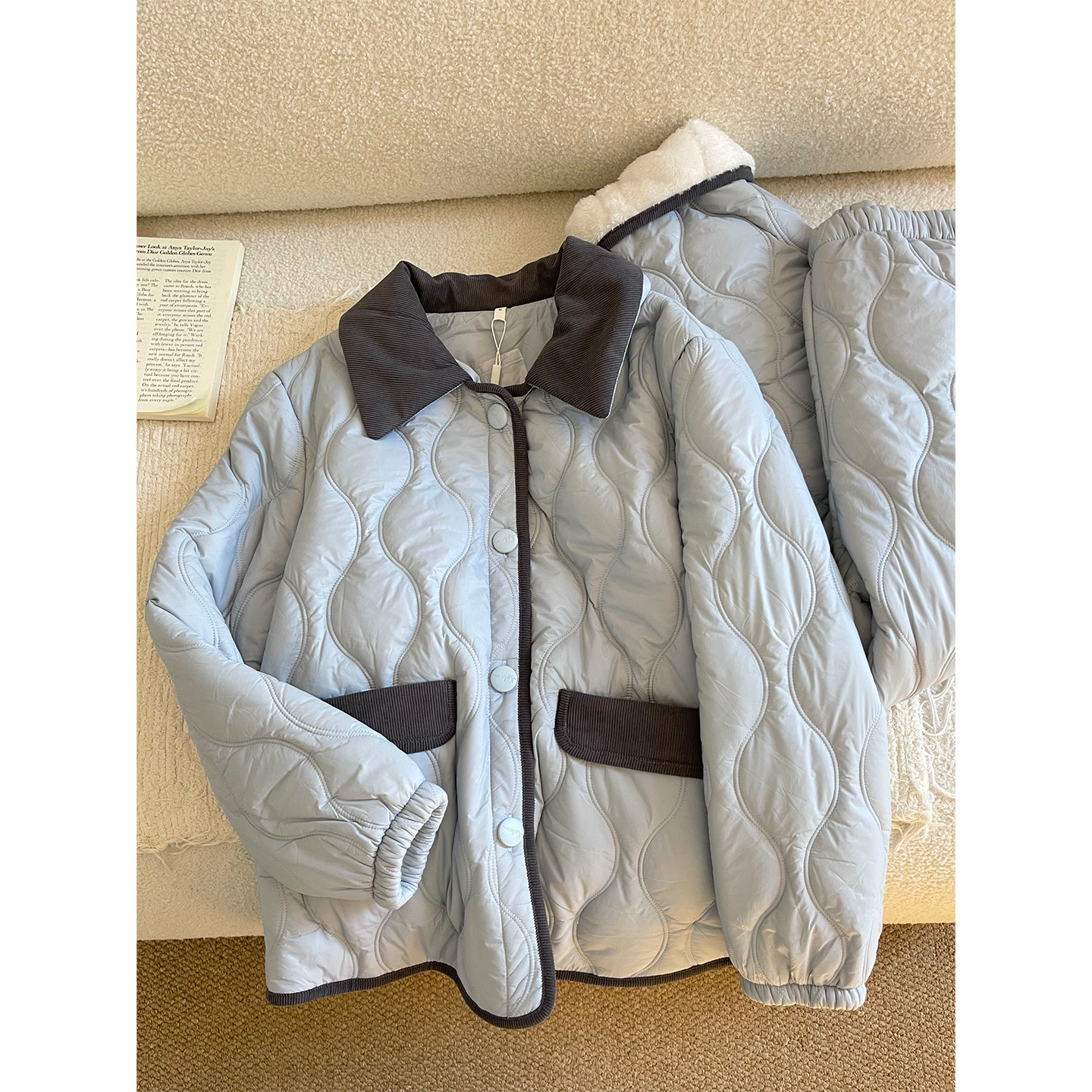 韩版休闲撞色菱格夹棉睡衣女2025冬季新款保暖加绒加厚家居服套装