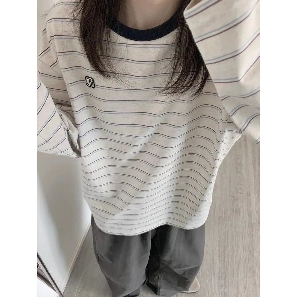 韩系流光风撞色条纹新款长袖t恤女春秋季宽松休闲vintage潮流上衣