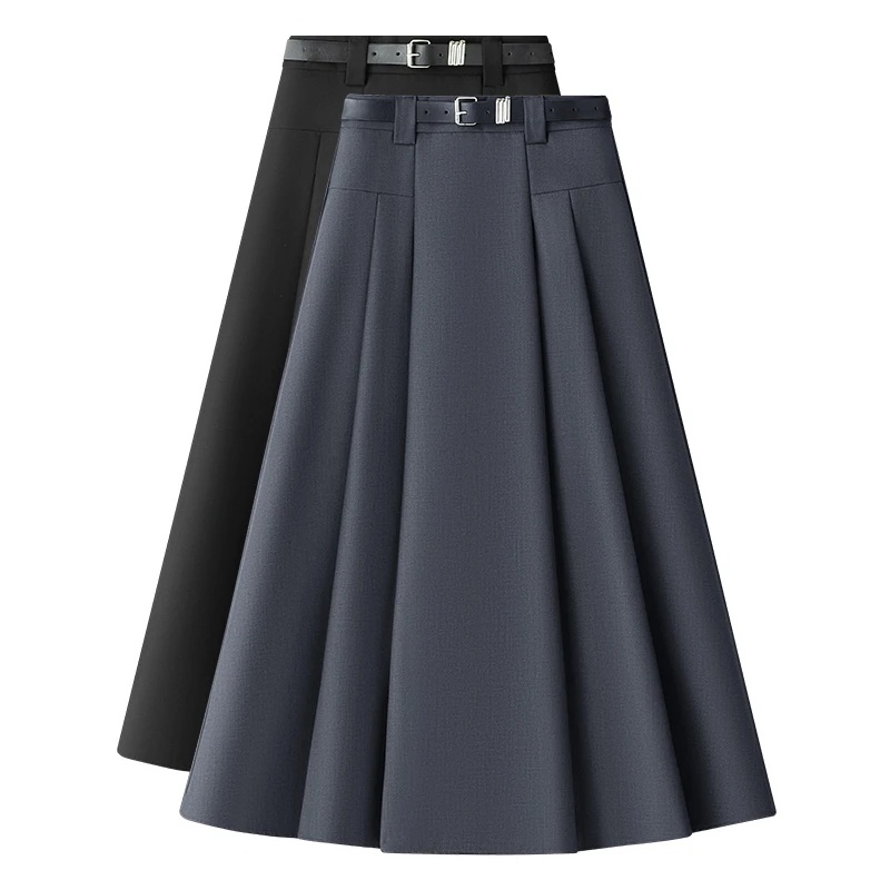 拉夏贝尔灰色半身裙女秋冬毛呢2026新款慵懒风显瘦伞裙百褶a字裙