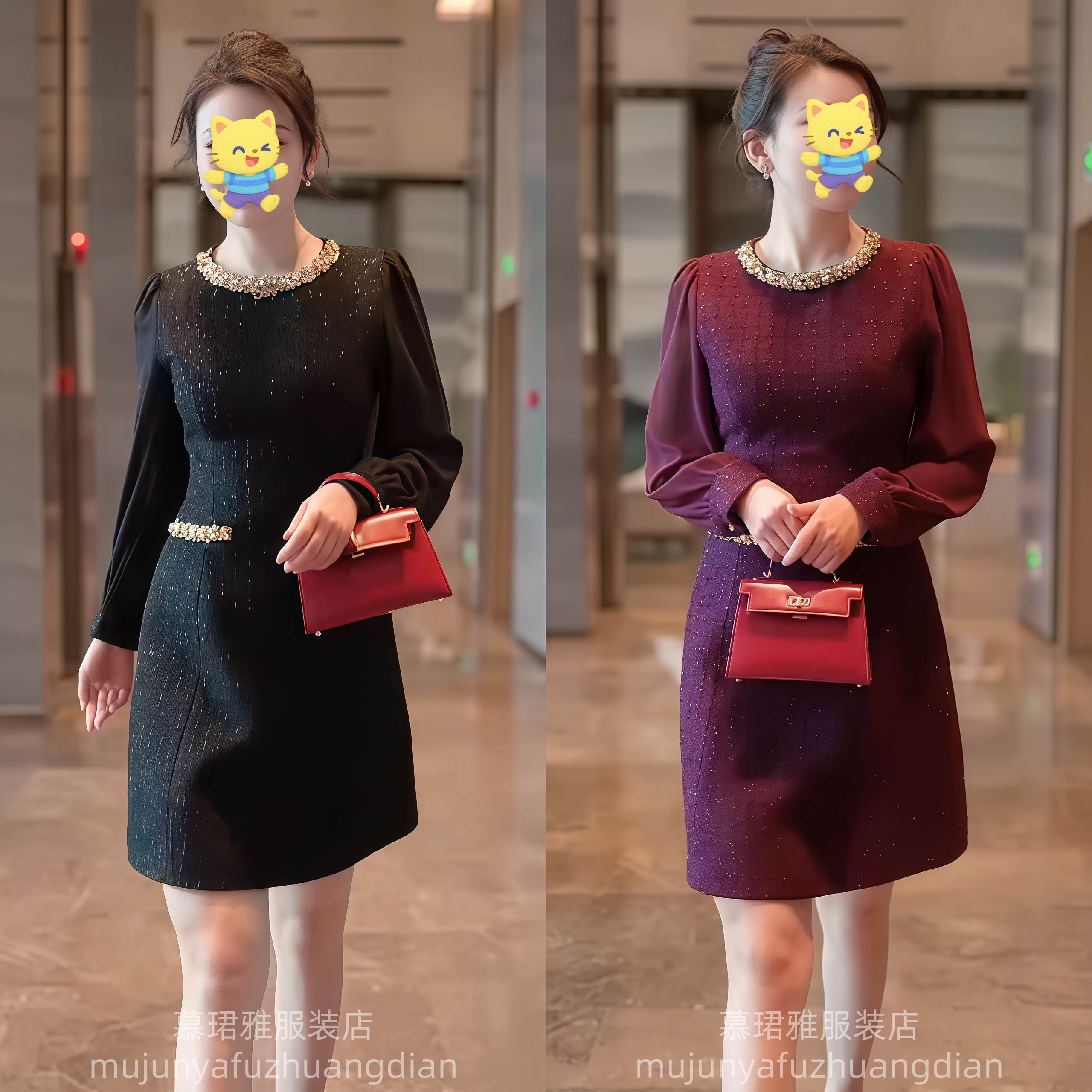 2025秋冬新款时尚高级感气质女神小香风钉珠中长款连衣裙女