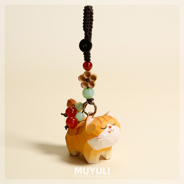 手工木雕猫咪橘猫小猫编织钥匙扣汽车书包挂件精致挂饰生日礼物女