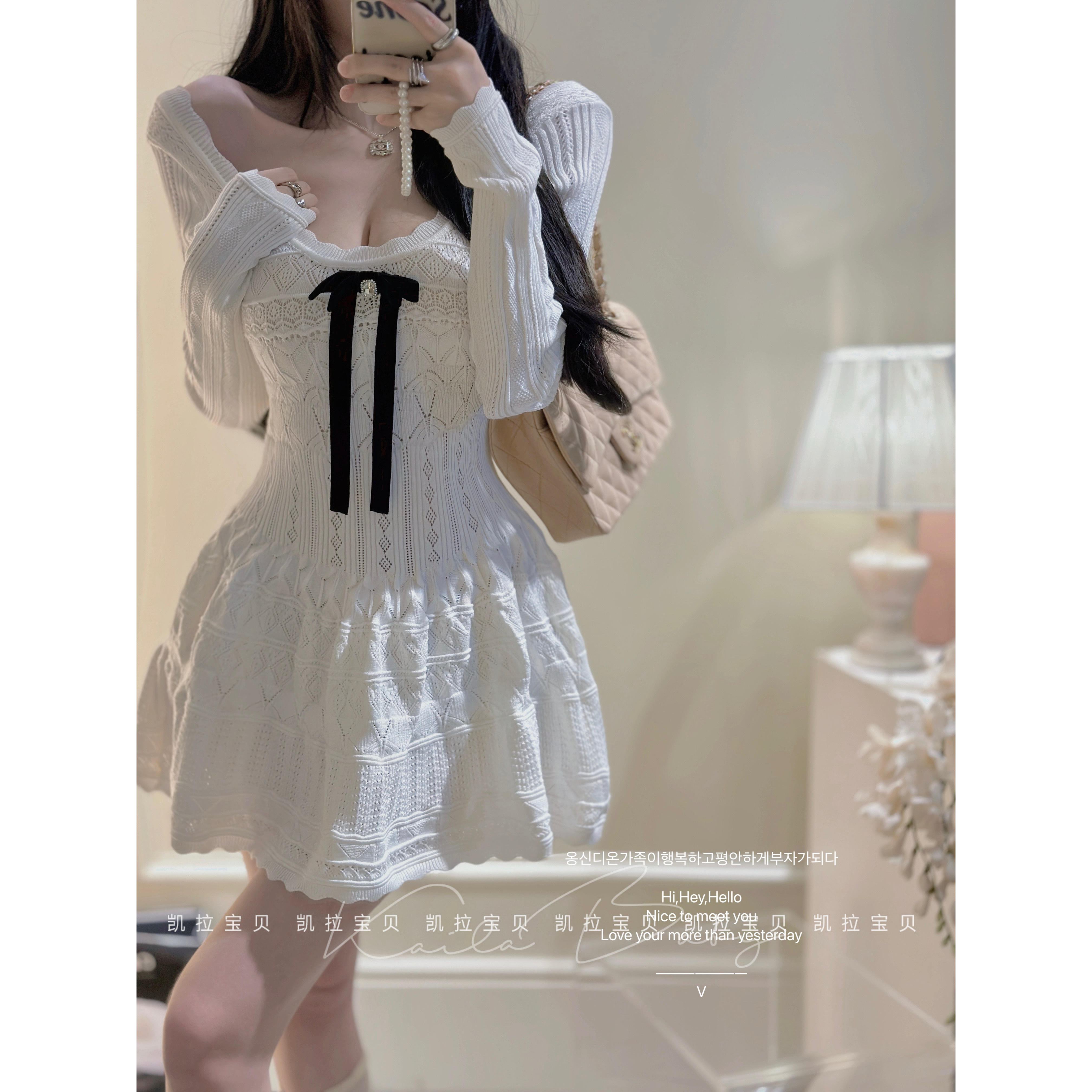 PMKDE||千金少女白月光小白花温柔蝴蝶结钩花针织连衣裙