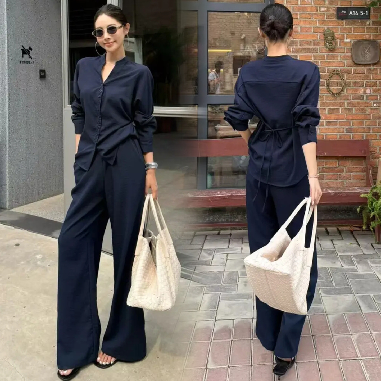 拉夏贝尔时尚休闲套装女2025秋季新款显瘦减龄V领长袖衬衫阔腿裤