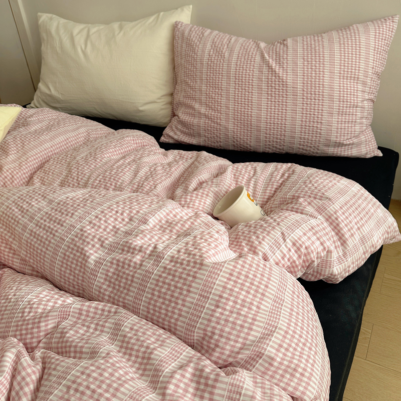 ins混搭提花格子亲肤软糯四件套少女心泡泡纱亲肤透气被套三件套
