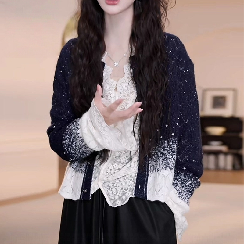 春秋新款渐变撞色满天星柳叶针织长袖毛衣短外套2025新款百搭上衣