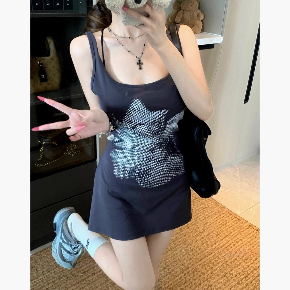 大领口绑带两穿背心吊带猫咪印花宽松显瘦夏季小众洋气百搭上衣