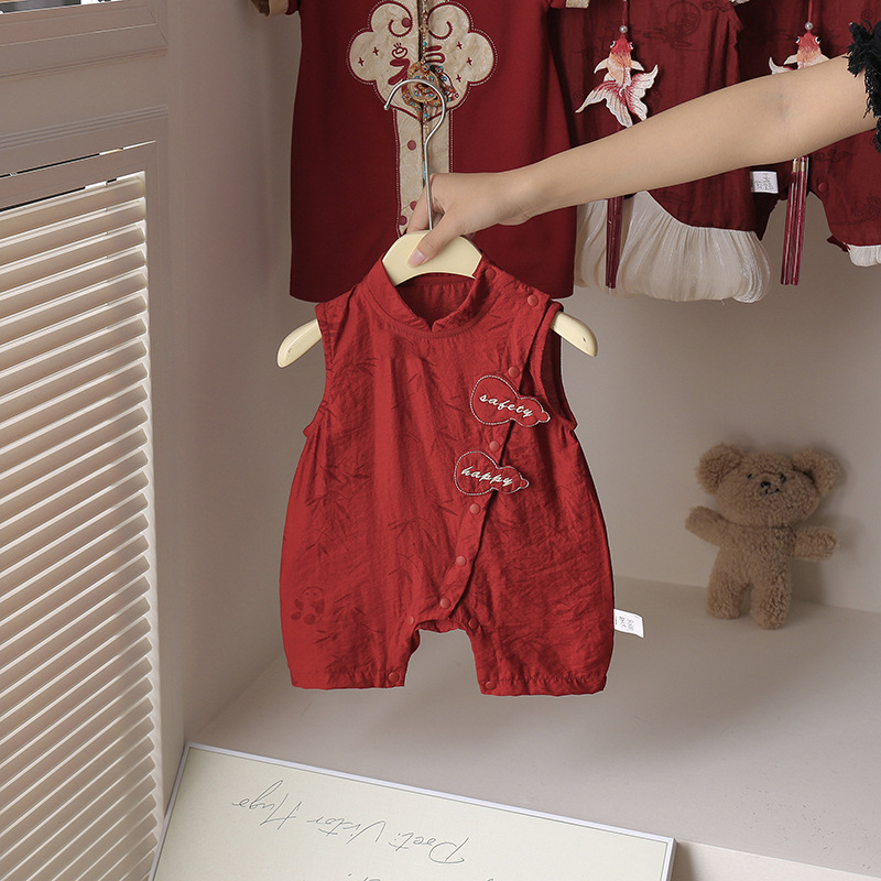 周岁婴儿衣服夏季薄款满月百天宝宝红色礼服哈衣抓周旗袍唐装汉服