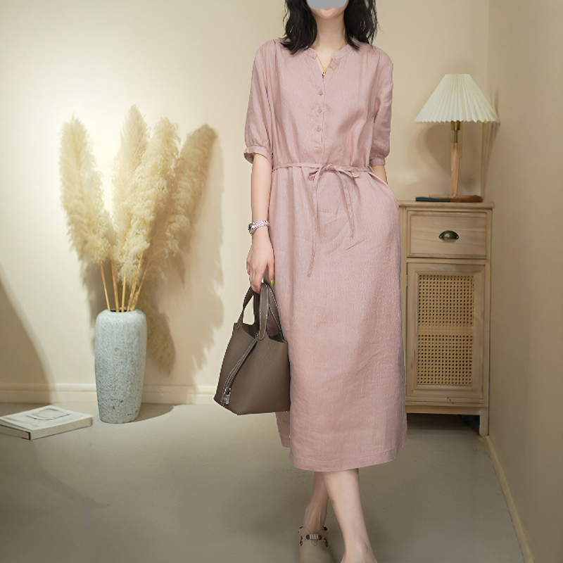韩系休闲显瘦系带纯色裙子欧洲站2026夏季新款洋气五分袖连衣裙潮