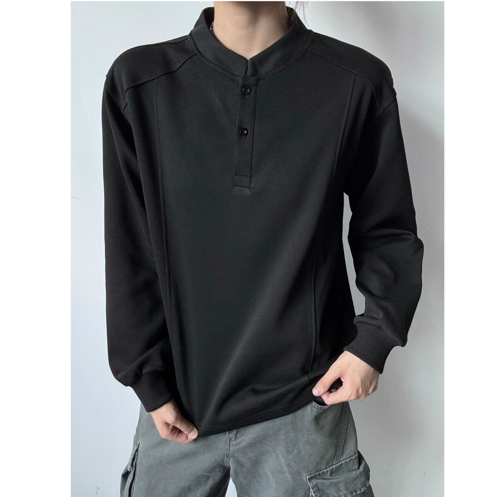 WIND BLOWS亨利领正肩纯色长袖T恤男解构休闲POLO衫