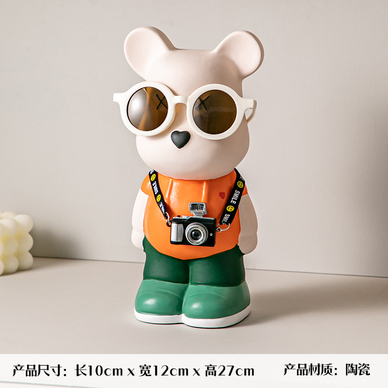 新款【彬蔚】创意墨镜熊存钱罐眼镜熊陶瓷旅行熊摆件酒柜玄关装饰