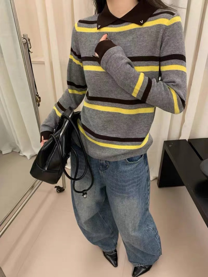 复古条纹翻领针织衫女秋季宽松显瘦撞色设计感毛衣百搭打底上衣女