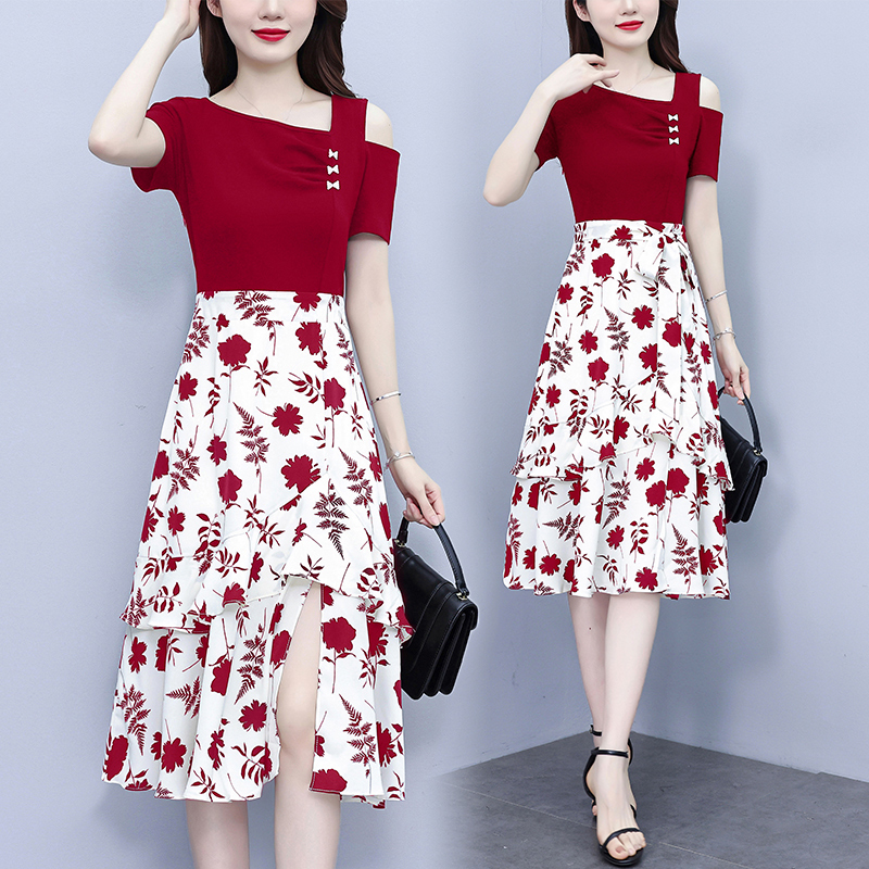 实拍大码女装夏季新款胖妹妹时尚印花拼接假两件不规则连衣裙