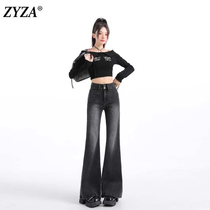 ZYZA复古高腰窄版加绒牛仔裤女秋冬修身微喇裤子小个子九分马蹄裤