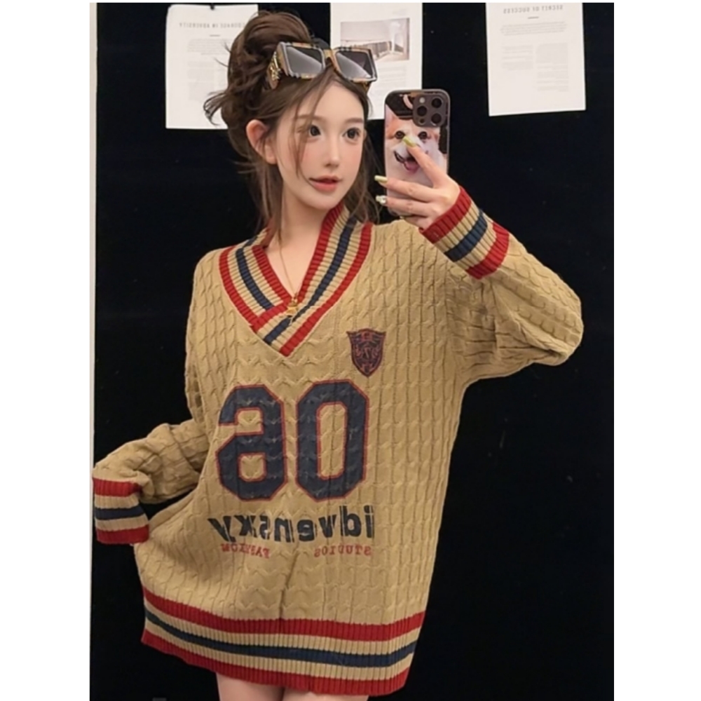 BL 沃茨学院 美式慵懒宽松V领露肩毛衣女春秋外穿