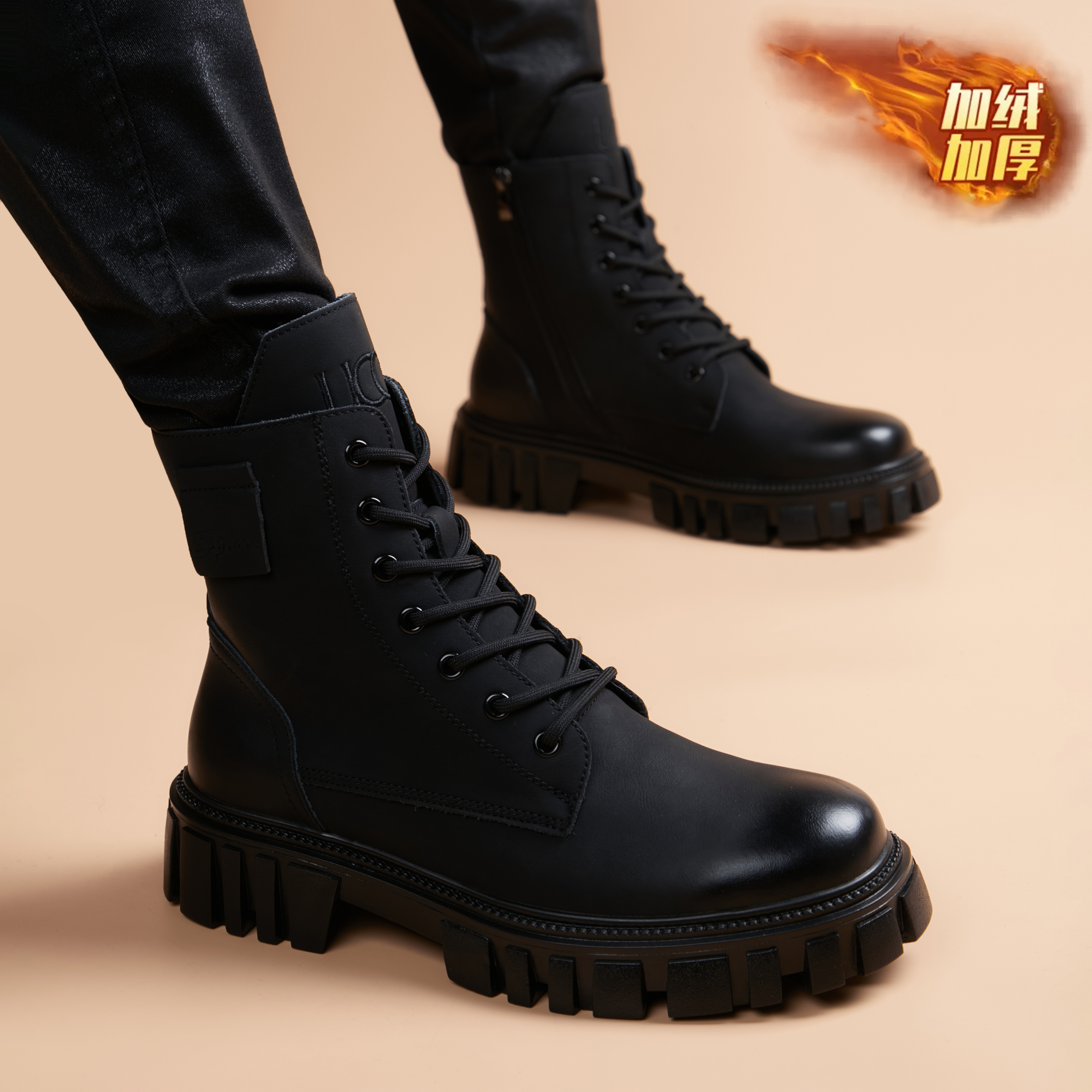 靴子男冬季雪地靴黑色工装靴百搭干净感痞帅男鞋秋冬款马丁靴加绒