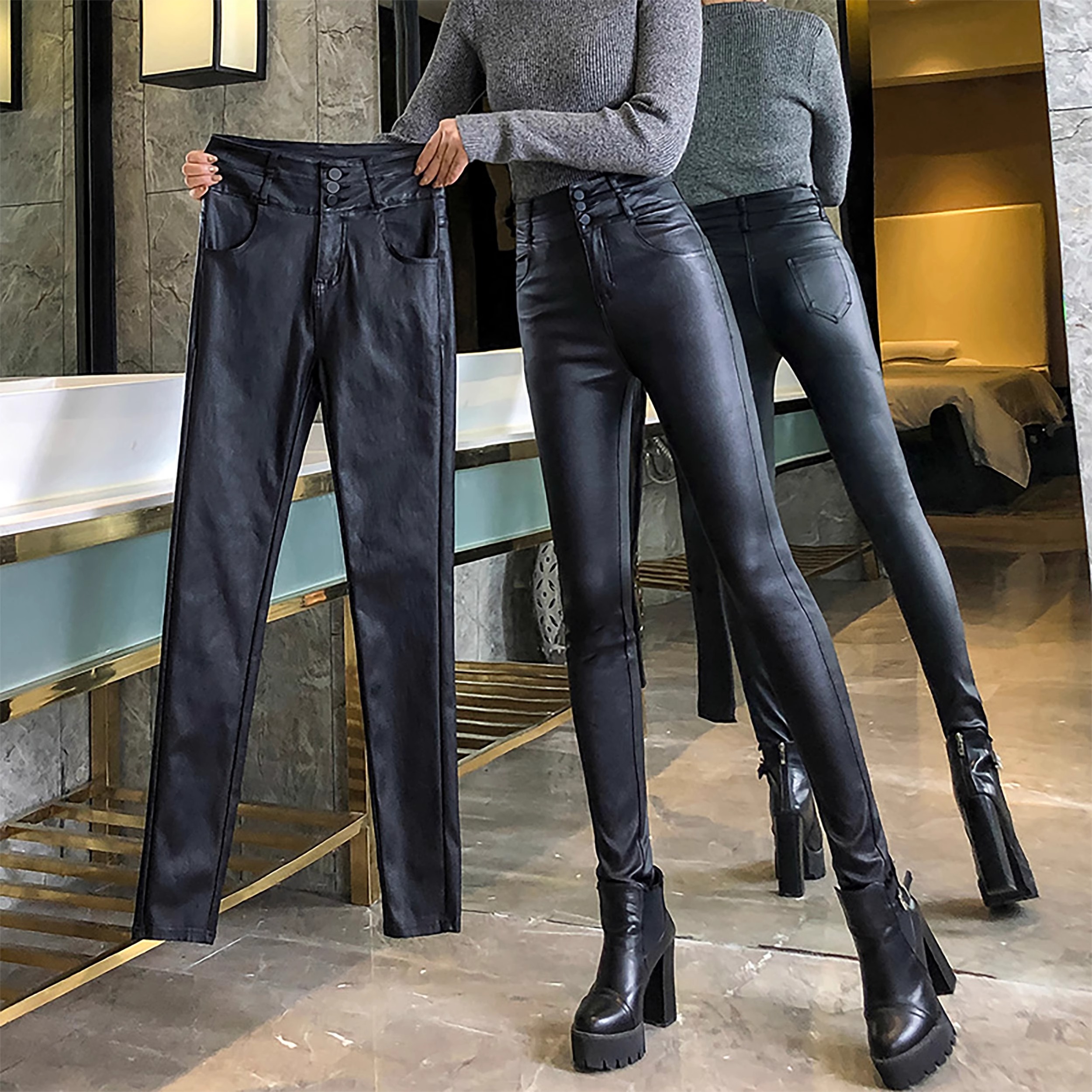 亚光PU皮裤女加绒加厚高腰2025靴裤显瘦百搭小脚紧身打底裤女秋冬