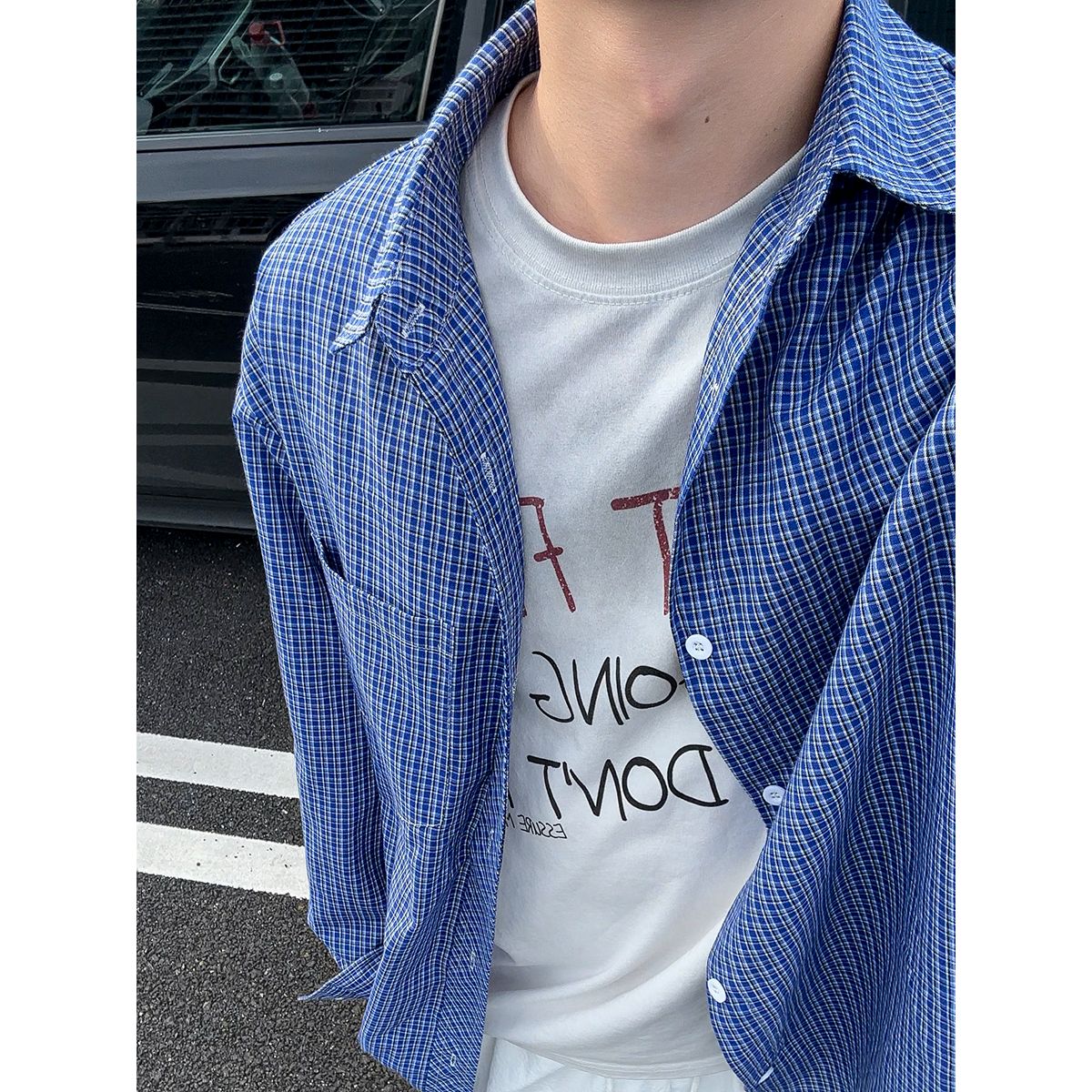 秋季情侣长袖格子格纹衬衫慵懒风蓝色衬衣男女上衣穿搭薄款外套