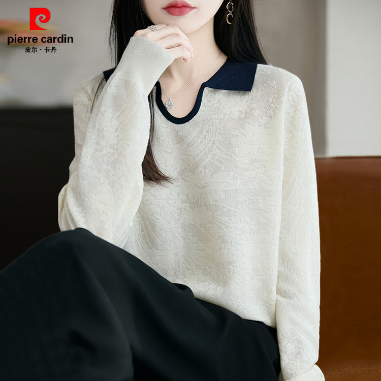 皮尔卡丹2025秋冬新款POLO领针织衫女气质宽松显瘦针织衬衫设计感