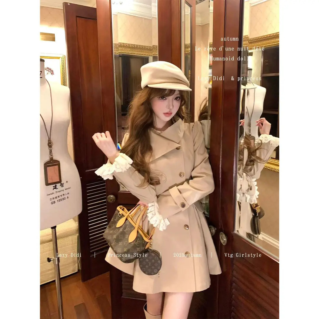 韩系摩登卡风衣外套女2025秋冬新款高级感中长款老钱风掐腰大衣女
