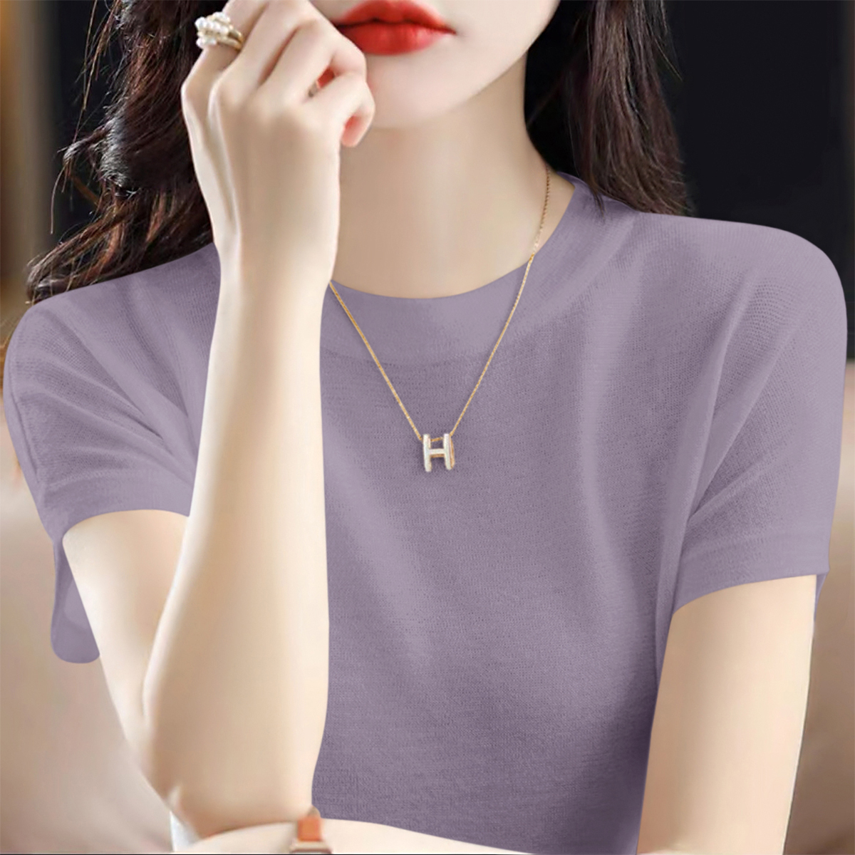 2025夏季新款女装纯色气质高级感短袖针织衫宽松显瘦圆领T恤上衣