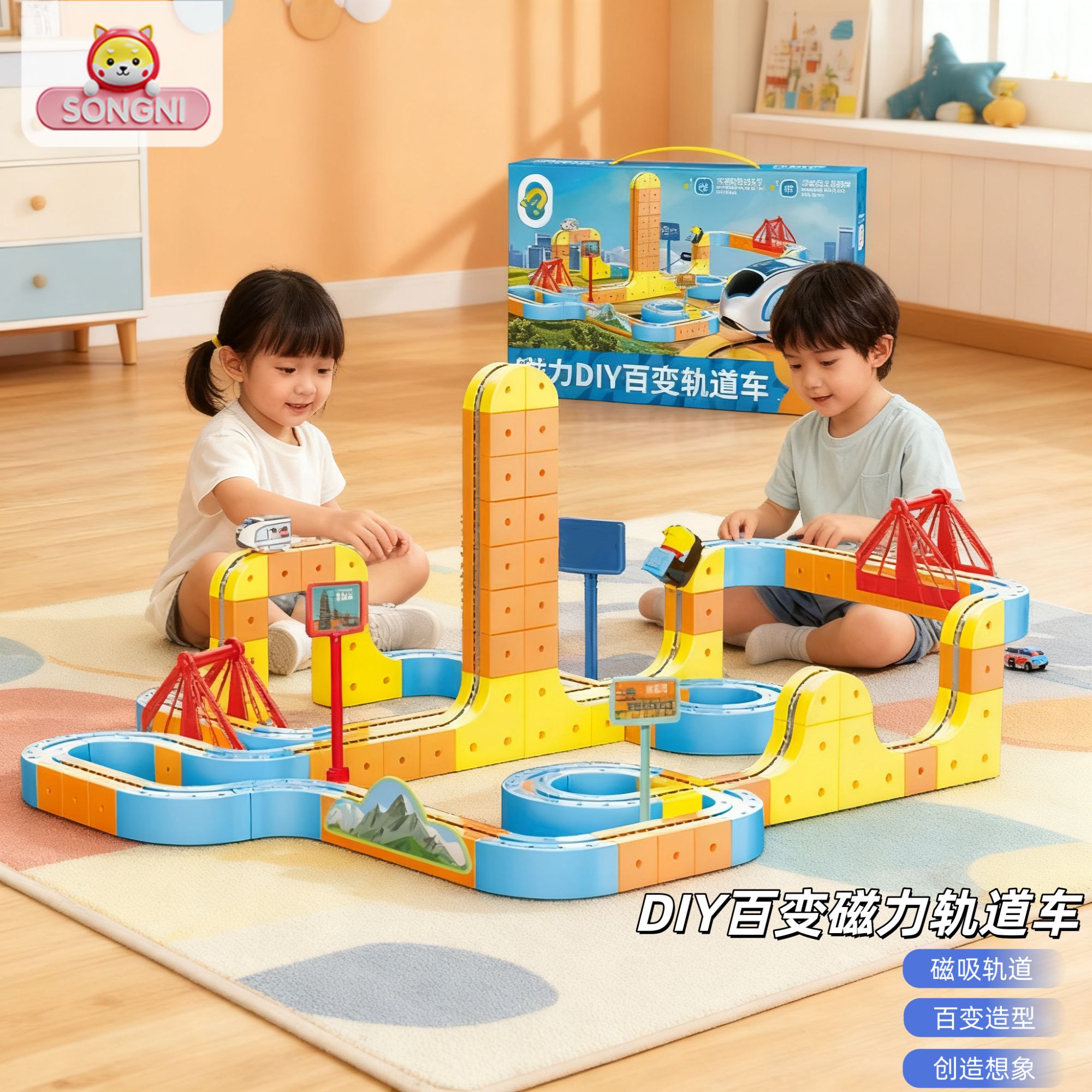 颂尼儿童磁力积木轨道车火车玩具拼装创意拼搭益智男女孩生日礼物