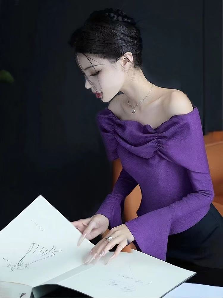 葡萄紫一字肩衬衫2025秋季新款重要场合高端独特超好看小资衬衫女