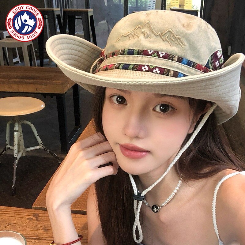 RUDY GOOSE西部牛仔帽女夏季大帽檐渔夫帽显脸小防晒帽遮阳登山帽