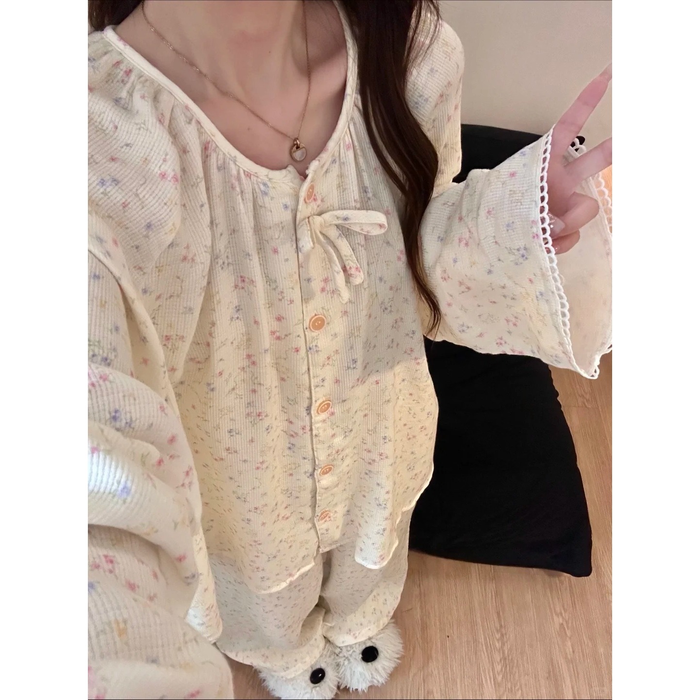 韩系温柔风小碎花双层棉纱睡衣女秋冬新款长袖舒适大码家居服套装