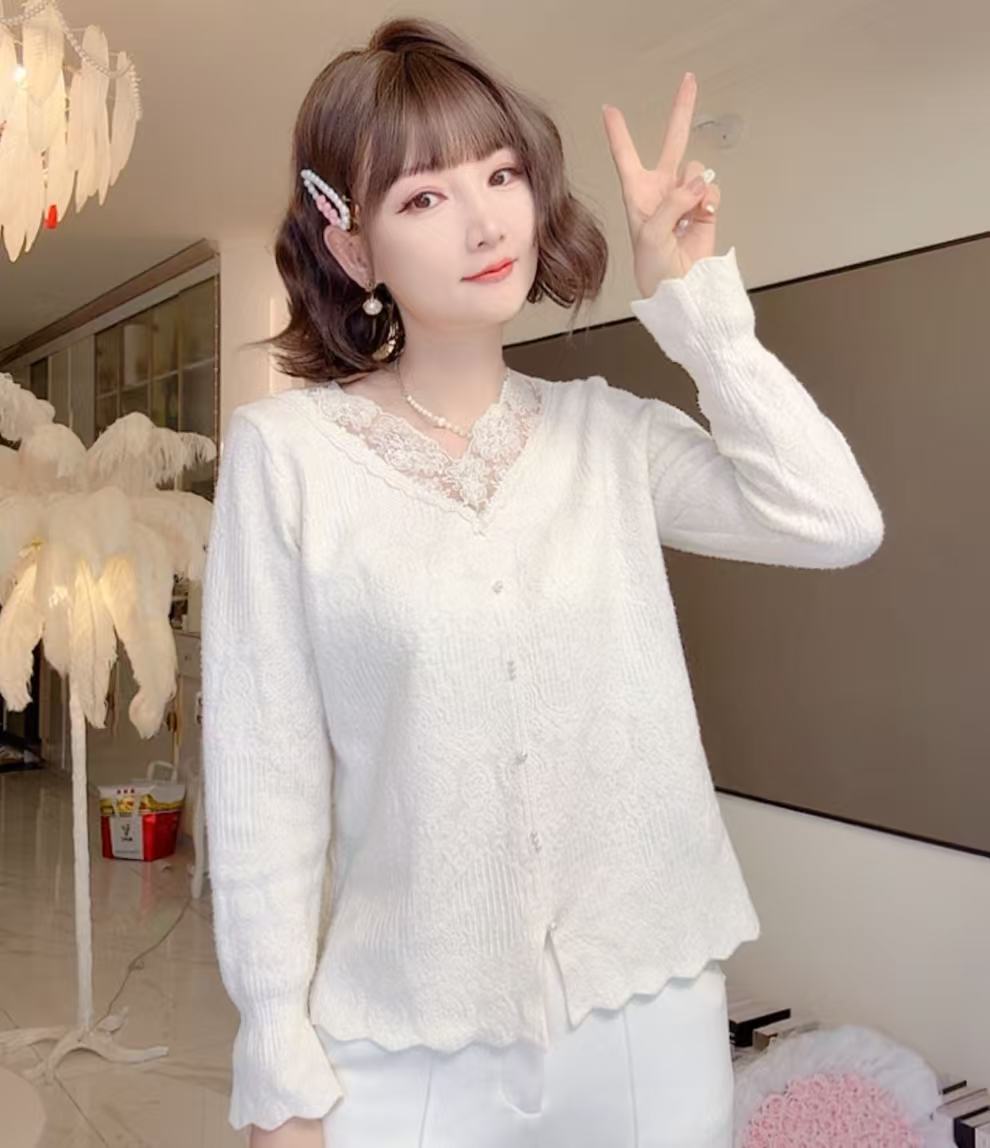 【钉珠蕾丝V领】显瘦韩系高级感钩花针织衫早春季洋气百搭气质时尚