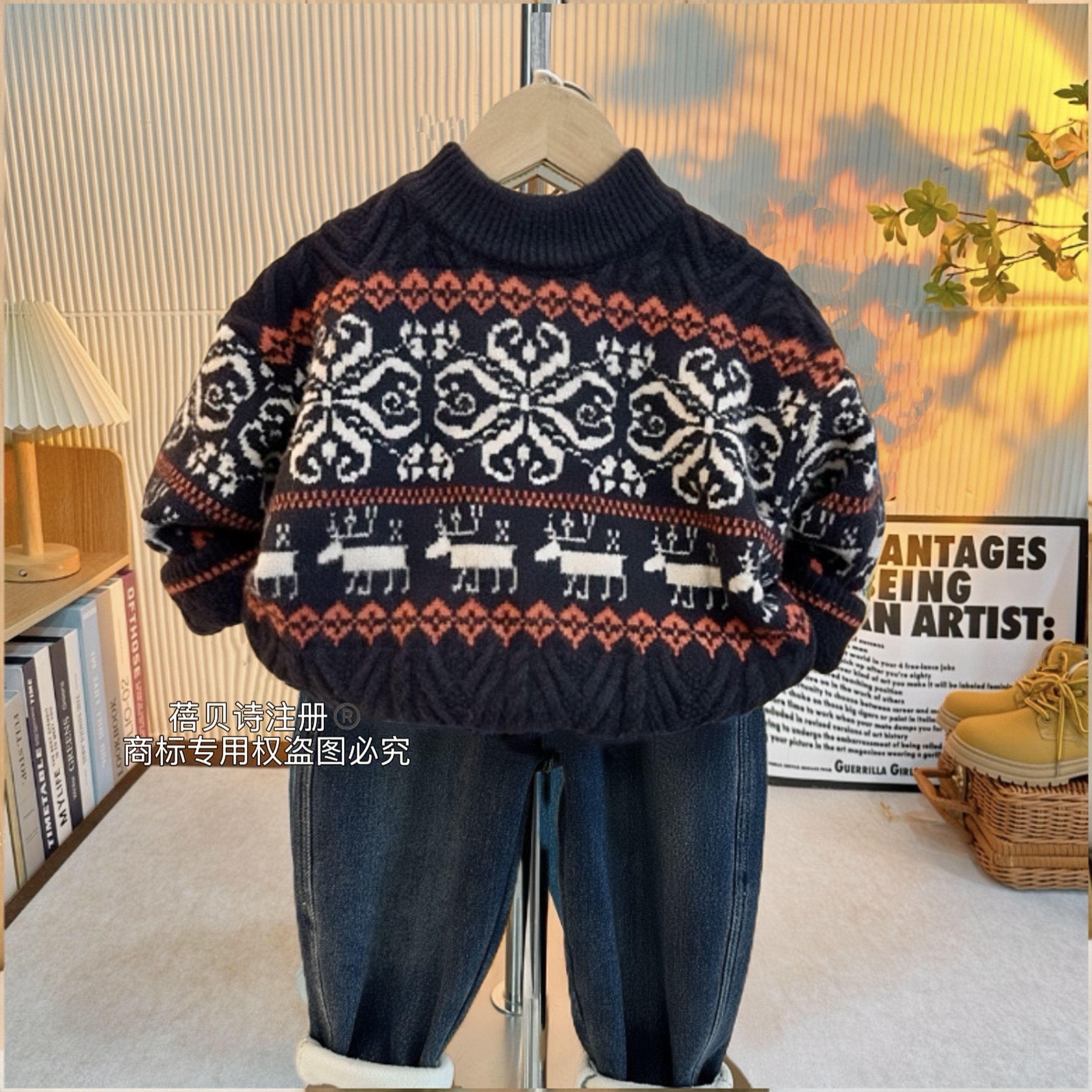 2025秋冬新款儿童厚款提花针织毛衣男童女童6-12岁潮款圆领3062