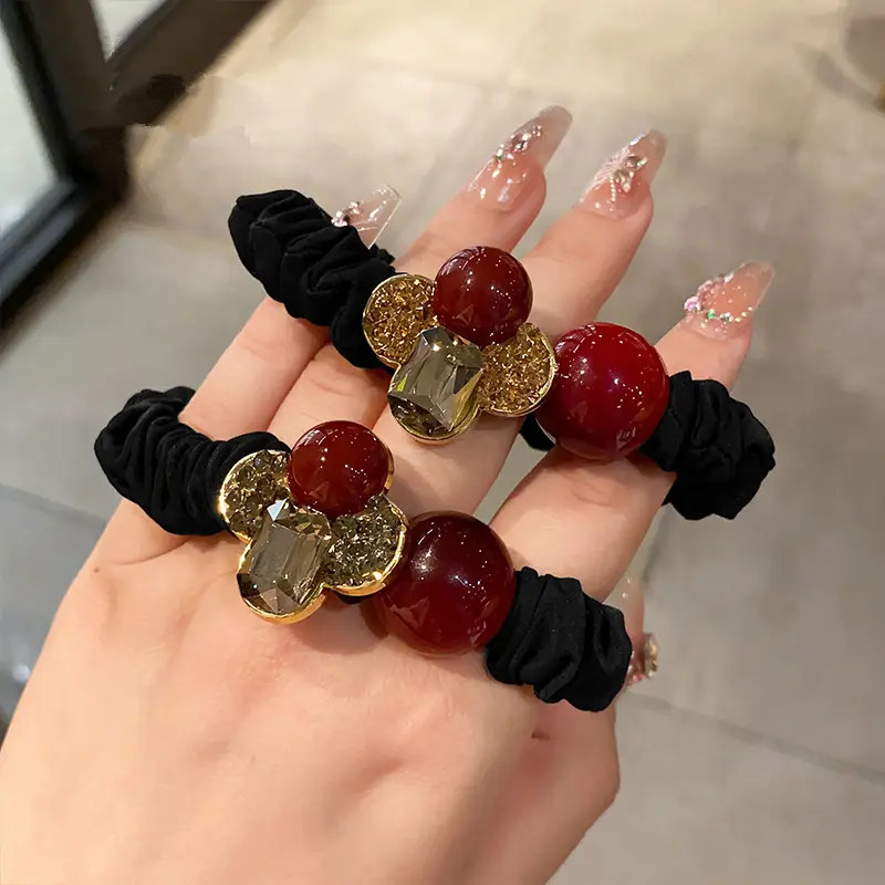 轻奢镶钻扎头花四叶花发圈头绳女高级感网红耐用马尾发绳新款头饰