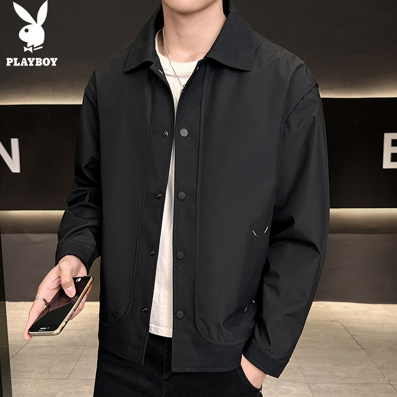 花花公子男士翻领夹克2025秋季新款潮流韩版修身休闲百搭纯色外套