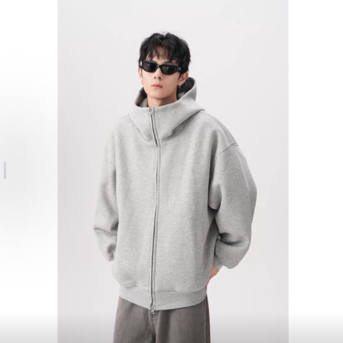 双11灰色卫衣宽松休闲拉链开衫男款连帽上衣男士外套秋冬款慵懒风
