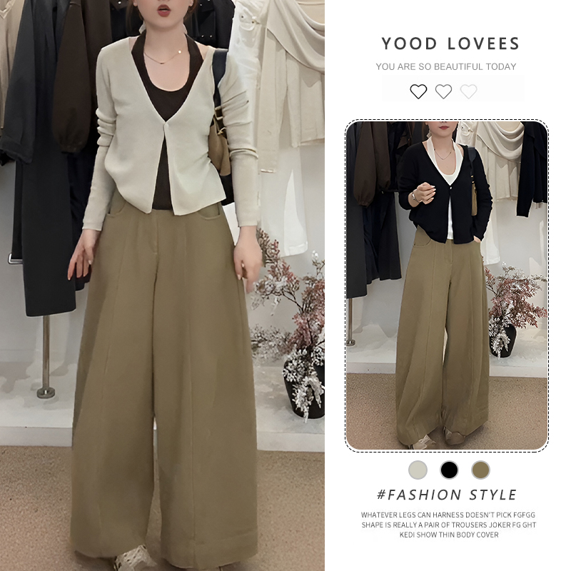 韩系假两件拼接挂脖长袖针织上衣女2026春秋新款气质直筒裤两件套