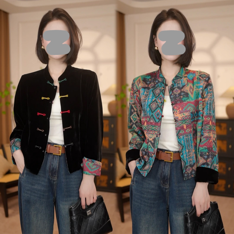 新中式国风立领盘扣长袖衬衫女2026年春秋新款双面穿印花开衫上衣