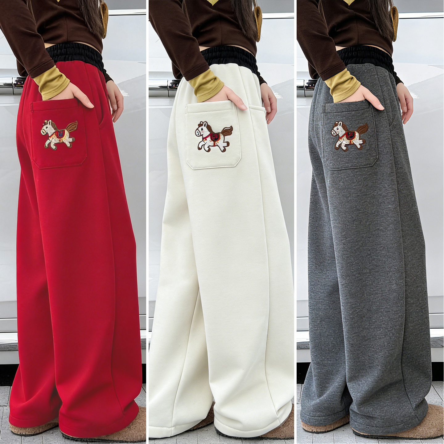 儿童冬装童装女童加绒加厚红色裤子休闲裤秋冬季一条过冬运动卫裤