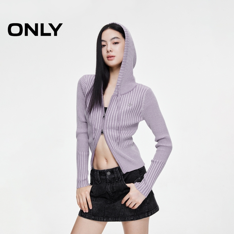 【秋季新款】ONLY显瘦连帽条纹针织衫女休闲时尚长袖短款|12543B011