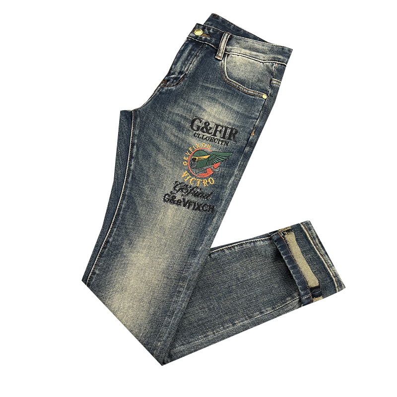 卢密洛布登欧洲站刺绣牛仔裤男复古潮牌秋季弹力休闲修身小脚长裤