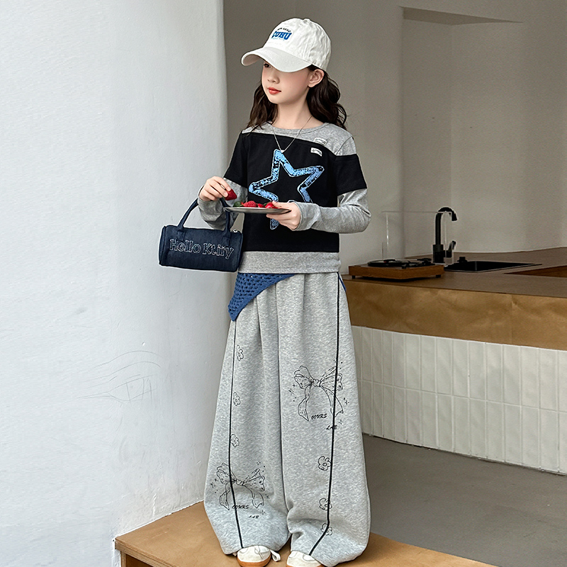 女童巨好看韩系穿搭套装2025秋季新款时尚假两件上衣洋气阔腿裤潮