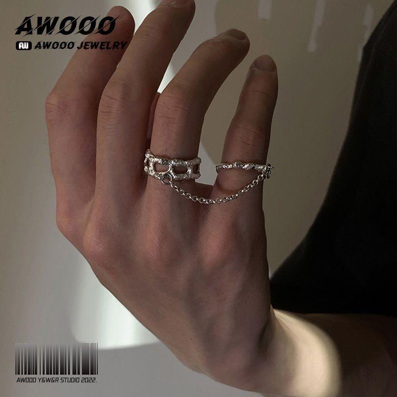 小众链条双指开口戒指锡箔纸纹理镂空设计暗黑系冷淡潮酷男女指环