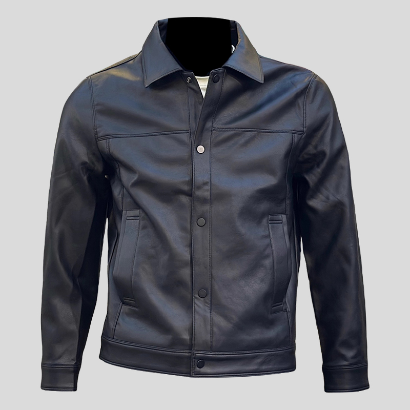 ohmmayby修身皮夹克男翻领短款软料纯色秋冬季暗扣机车外套男轻奢