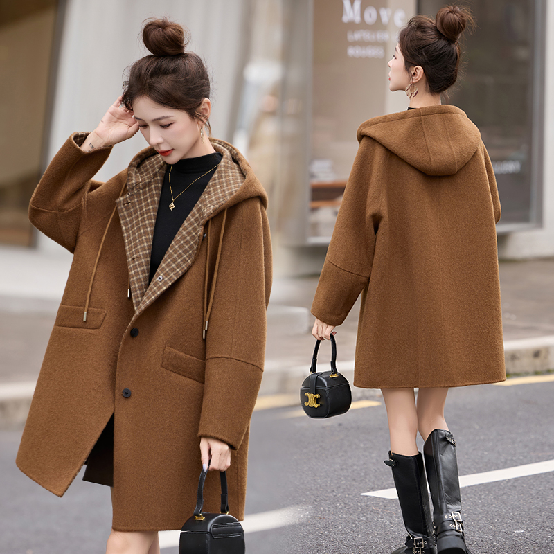 时尚格纹连帽双面羊毛大衣女2025秋冬新款洋气减龄中长款毛呢外套