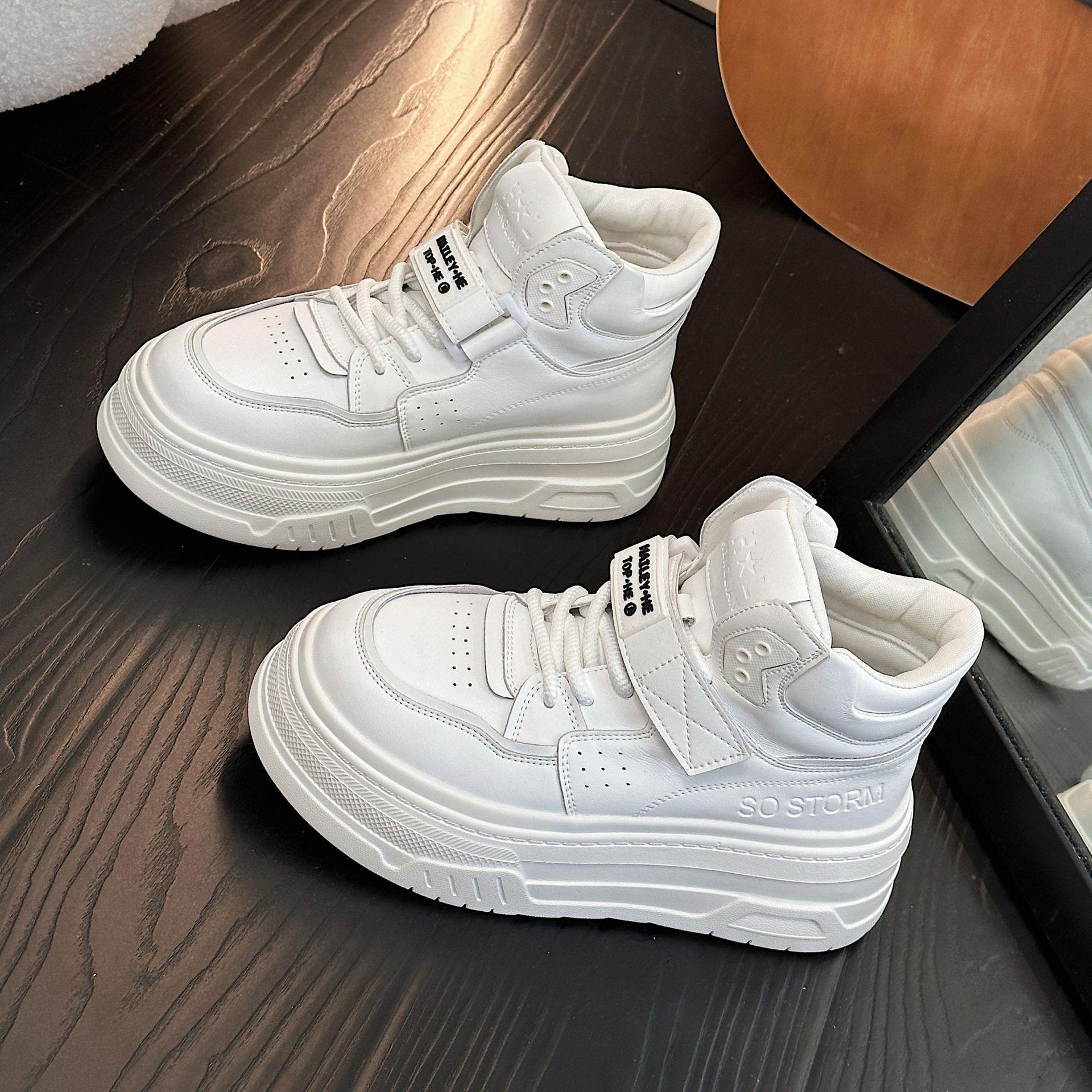 牛皮厚女高帮鞋春秋季底松糕鞋休闲运动加绒小白鞋女增高鞋