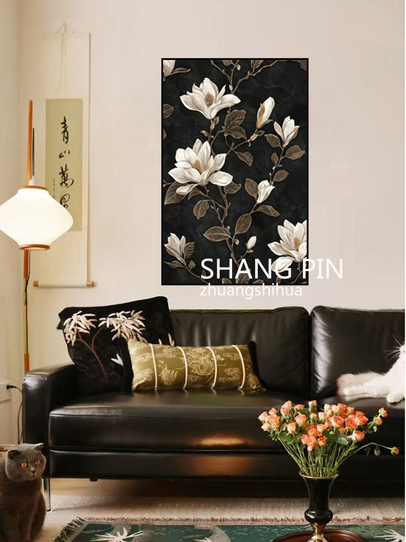 中古风玉兰花挂画客厅沙发背景墙装饰画中式法式复古玄关壁画