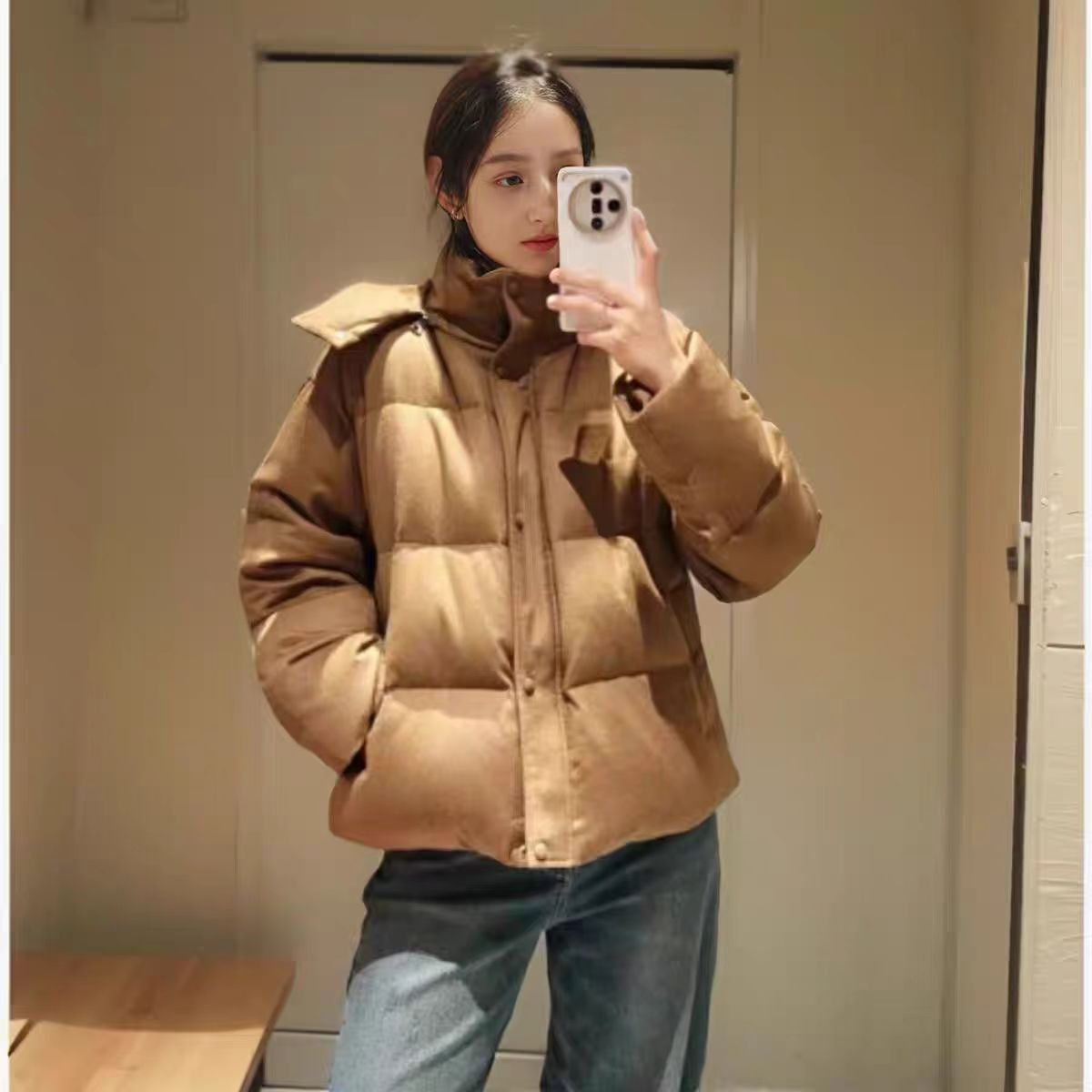 鄂家美拉德白鹅Gui上！加厚可拆卸连帽白鹅绒外套女