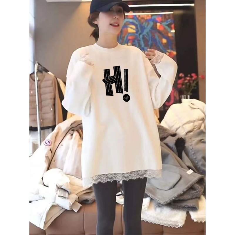 2025春季新款白色内搭打底衫韩系叠穿蕾丝拼接中长款宽松女装上衣