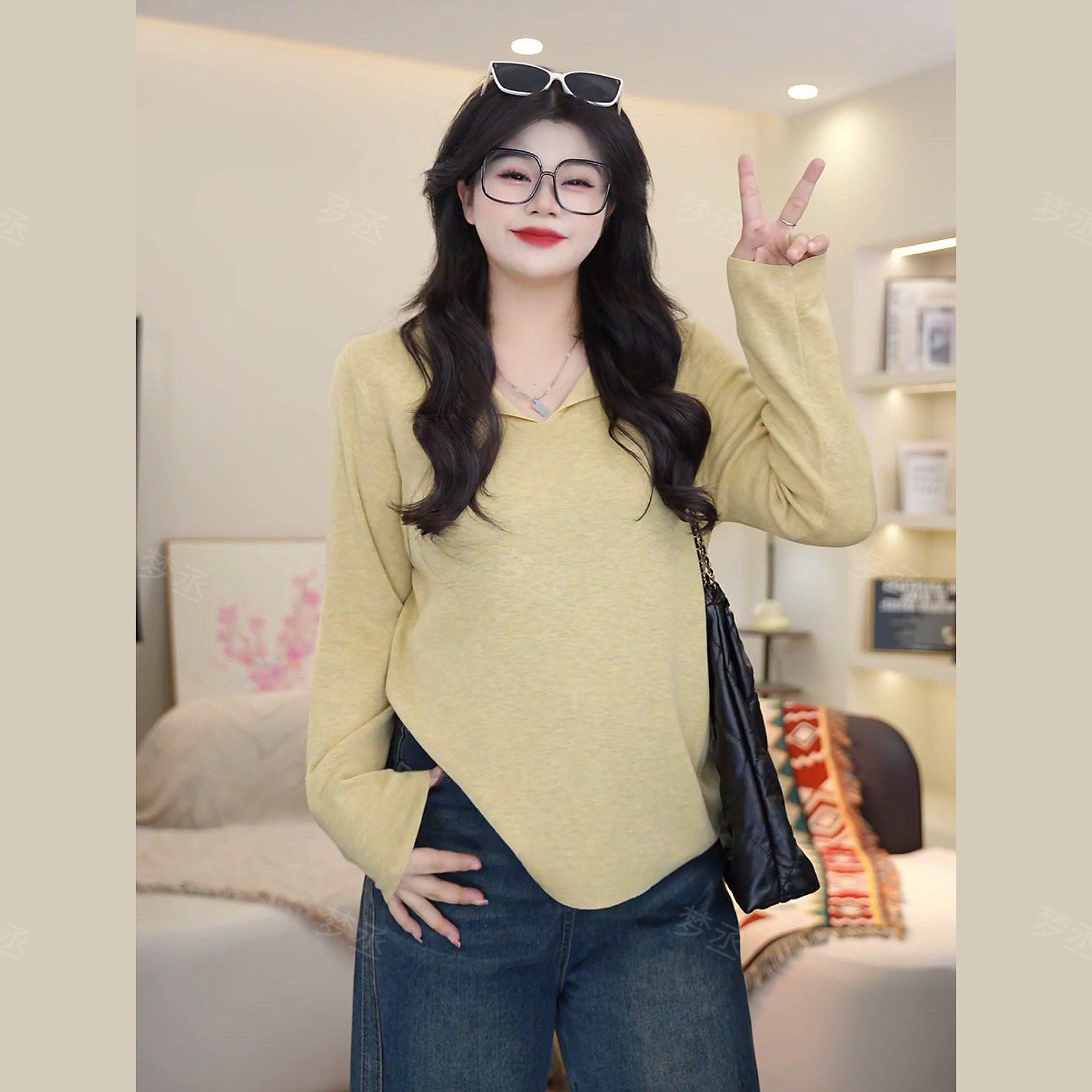 梦丞-洋气显瘦大码女装冬季圆领半开胸翻边纯色气质长袖上衣女
