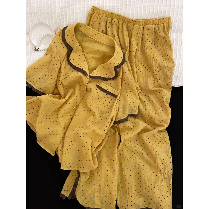 【蕾丝边波点】高级感短袖少女睡衣女夏季新款长裤套装可外穿家居服