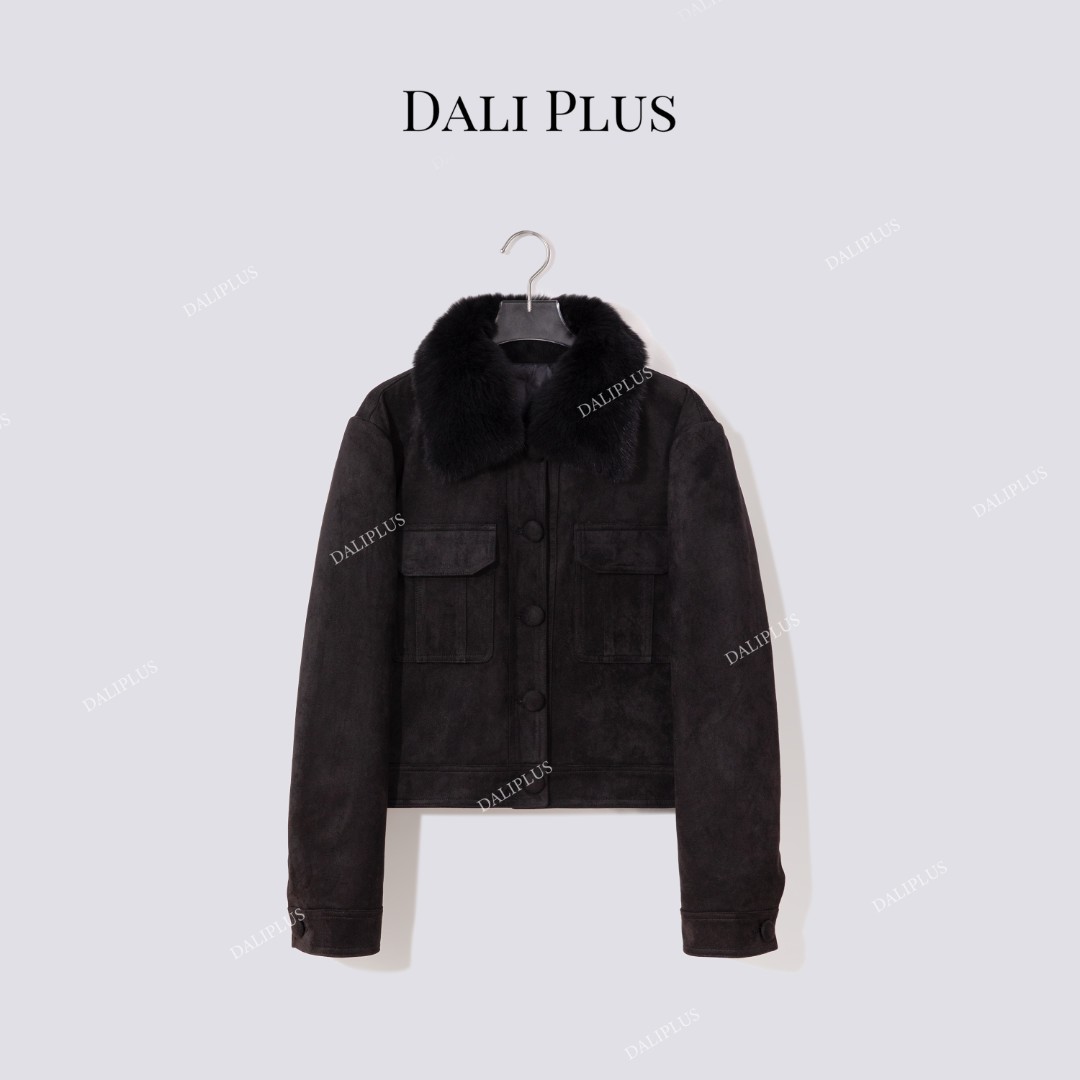 DALI PLUS”琥珀系列“黑色皮绒拼接贝贝狐90鹅绒羽绒服-D5MM3035-1