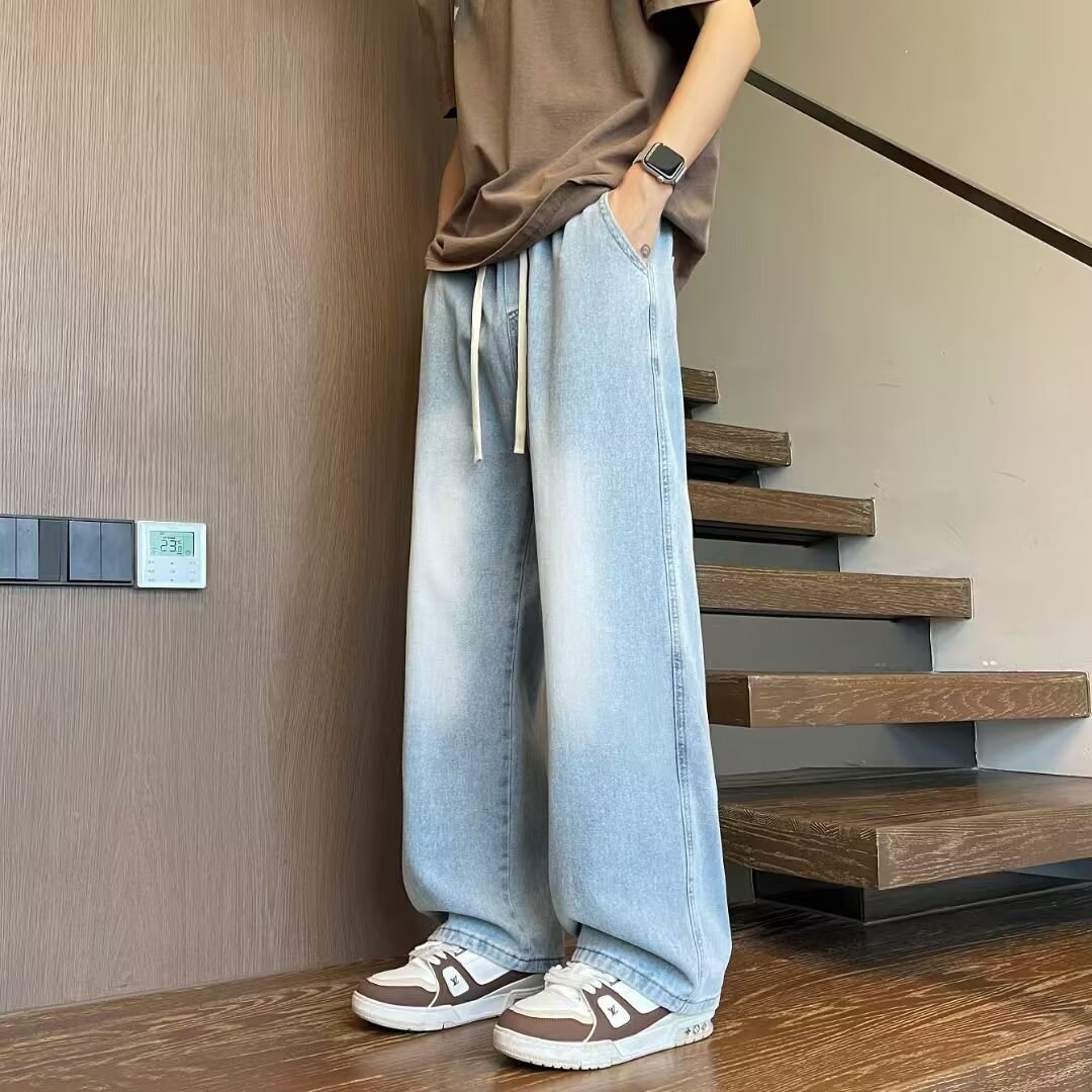 男士休闲宽松牛仔裤男女款百搭水洗美式复古高街垂感抽绳直筒裤子